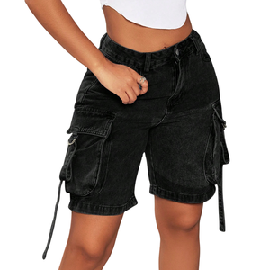 Shorts cargo en jean noir pour femme, coupe droite, avec poches utilitaires, style streetwear décontracté, respirant, séchage rapide, en coton et denim, pour l'été - Product Image 5
