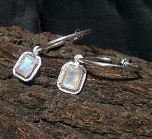 Natural Rainbow Moonstone <b>Hoop</b> <b>Earrings</b> <b>Solid</b> 925 Sterling <b>Silver</b> Handmade Cushion Cut Gemstone Bohemian Style Third Party - Product Image 6