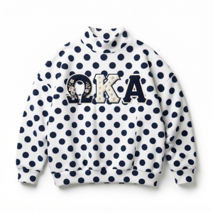 Sweat-shirt en polaire noir et blanc à pois pour femme avec lettres brodées, détails floraux, col haut, haut décontracté pour l'hiver - Product Image 1