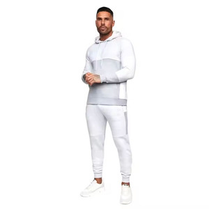Ensemble sweat à capuche et pantalon de survêtement color block pour homme – Respirant, manches longues, coupe classique, blanc et gris, idéal pour l'automne - Product Image 1