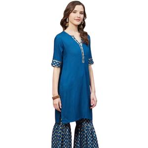Ensemble Kurta Sharara Droit en Rayonne Imprimé Doré pour l'Été, Vêtements Traditionnels Ethniques Bleus pour Femmes, Protection Solaire, Séchage Rapide - Product Image 1