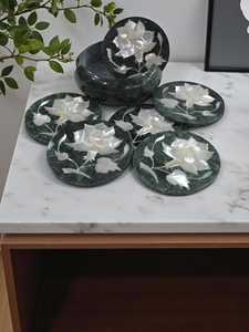 Sous-verres en marbre noir faits à la main, Pietra Dura, incrustation florale en pierre, art décoratif, vaisselle, cadeau - Product Image 2