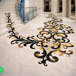 Premium Luxury Scroll Marble Inlay Staircase Flooring Handcrafted Natural Stone Mosaic Step Design for Villas Hotels - Product Image 1