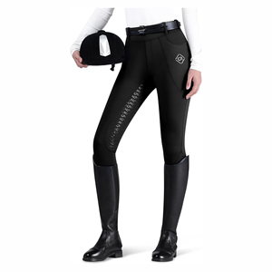 Jodhpurs d'équitation noirs pour femmes, taille mi-haute, coupe ajustée, avec grip intégral et patch logo - Product Image 1
