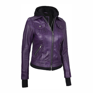 Wholesale High Quality Premium Purple Genuine Leather Hooded Moto <b>Jacket</b> Full Sleeve Zipper Closure Women's Autumn Wear - Product Image 4