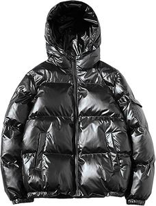 Blouson matelassé noir à capuche pour homme, imperméable, avec fermeture éclair, logo frontal, décontracté, hiver, coupe régulière, en polyester - Product Image 1