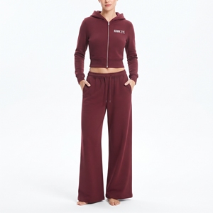 Women's Maroon <b>Cropped</b> <b>Zip</b> <b>Up</b> Hoodie Sweatshirt Wide Leg Straight Stacked Pants Two Piece Tracksuit Set - Product Image 3