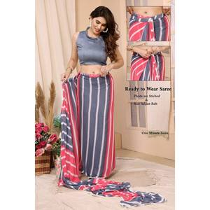 DESIGNER GEORGETTE IMPRIMÉ TRAVAIL UNE MINUTE SAREE AVEC BLOUSE NON COUCHÉE GRIS - Product Image 1