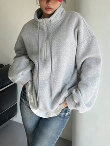 26AW Tendencia en Artículos para el Hogar, Nuevo Estilo de Invierno, Top de Mujer con Media Cremallera y Cuello Redondo, Premium, Casual, Holgado, Color Sólido, Manga Larga, Bordado - Product Image 4