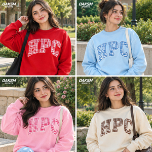 Women's Light Blue Crew Neck Sweatshirt With HPC Gingham Embroidery Cozy Drop Shoulder Everyday Loungewear Varsity <b>Jumper</b> - Product Image 6