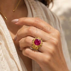 Fashion <b>Gold</b> Plated Ruby Quartz Gemstone <b>Ring</b> for Women Handmade Textured Statement <b>Cocktail</b> <b>Ring</b> Wholesale Jewelry - Product Image 2