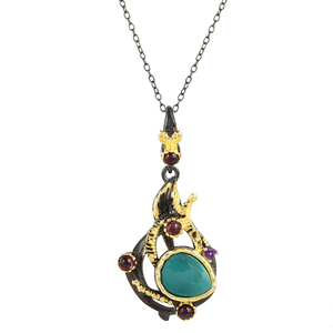 Colgante vintage de plata de ley S925 chapado en oro de 22K con turquesa, granate y amatista en engaste de bisel, diseño temático, joyería fina. - Product Image 1