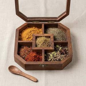 Natural Wooden Spice <b>Box</b> Multipurpose Wooden Spice Storage <b>Box</b> with Sectioned Interior for Masala <b>Herbs</b> Seasonings Kitchen spice - Product Image 4
