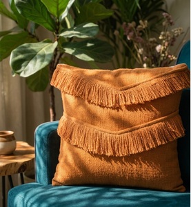 Abstract India Boho Orange Geometric Embroidery Cushion <b>Cover</b> with Frill Border Anti Dust Mite Zipper Closure for <b>Sofa</b> <b>Bed</b> Decor - Product Image 2