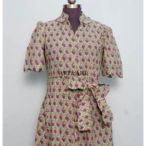 Stylish <b>Sweet</b> 100% Cotton Kangura A-Line Dress Short Sleeve Women India Handmade Floral Print Comfortable <b>Party</b> Wear Midi Dress - Product Image 4