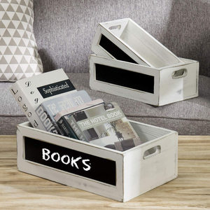 Trắng Rửa Gỗ Làm Tổ Lưu Trữ Thùng Với Bảng Điều Khiển Phía Trước Bảng Đen Và Cutout Xử Lý, Trang Trí Làm Tổ Hộp Gỗ Để Lưu Trữ - Product Image 3