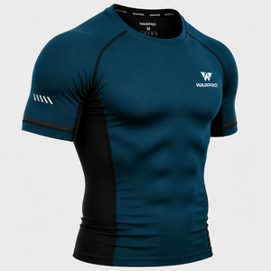 Warpro Men's <b>Compression</b> Rash Guard Short Sleeve Quick Dry Spandex Polyester Workout <b>Shirt</b> Blue Black Mesh Panel Design - Product Image 5