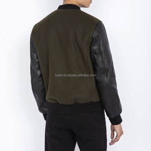 Chaqueta Bomber de Pana Verde Oliva para Hombre con Mangas de Cuero Negro, Cierre de Cremallera, Chaquetas Casuales Estilo Universitario - Product Image 3