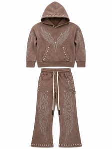Custom Acid Wash Rhinestone Tracksuit <b>Set</b> Pullover Hoodie Wide Leg Pants Streetwear Style Sparkle Embellished 100% Cotton OEM - Product Image 3