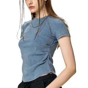 เสื้อยืดแขนสั้นผู้หญิงสำหรับฤดูร้อน ทรงเข้ารูป ผ้าฝ้าย 280GSM ล้างสีแบบ Acid Wash มีจีบด้านข้าง เหมาะสำหรับสาวๆ วัยเรียน - Product Image 2