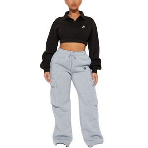 Ensemble sweat-shirt cargo pour femme, pantalon large à cordon de serrage, coupe décontractée, pantalon de jogging avec poches latérales pour tenue active - Product Image 1