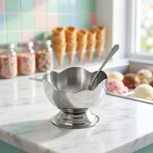 Bol à dessert festonné en acier inoxydable avec cuillère, bol à sundae à pied poli pour la maison, le restaurant et l'hôtel - Product Image 3