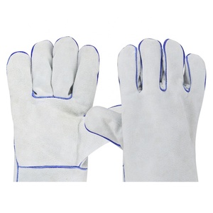 Gants de soudage en cuir de vache blanc naturel avec doublure en coton polaire cousu bleu Fonction anti-impact pour soudeur - Product Image 2