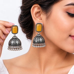Pendientes Jhumka Rectangulares de Plata Oxidada Amarillo Miel al por Mayor, Joyería Étnica India Vintage Hecha a Mano para Mujer - Product Image 1
