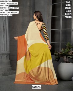 Sari Tradicional Blanco de Crepé Malai de Lujo para Mujer, Sin Arrugas, Absorbente de Humedad, para Bodas de Verano, Diwali y Fiestas - Product Image 2