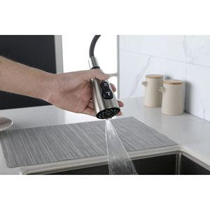 Rubinetto da cucina ad arco alto monocomando con doccetta estraibile, marca Mo, finitura nichel spazzolato, per lavello da cucina con piastra di base - Product Image 5