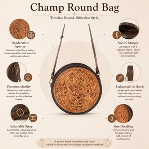 Handcrafted Genuine Leather Round Sling Bag for Women Floral Tooled Crossbody Purse Vintage Western Boho Shoulder <b>Handbag</b> <b>Medium</b> - Product Image 5