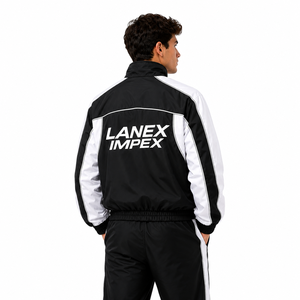 Custom Men's Track Jacket Black White Contrast Panel Full Zip Sports Windbreaker Lightweight Training Running Jacket OEM ODM - Product Image 4