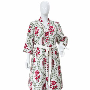 Vibrant Cotton Floral Bathrobe Women Magenta Rose <b>Block</b> Print Spa Robe Beautiful Morning Gown Soft Breathable Dressing Gown - Product Image 1