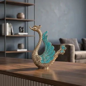 Sculpture de luxe en métal Paon et Cygne avec motif de plumes émaillées turquoise, finition or antique, pièce décorative d'oiseau - Product Image 3