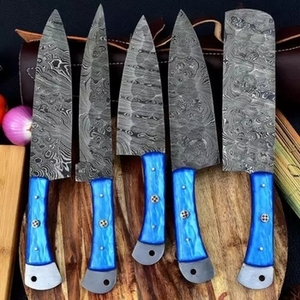 Ensemble de couteaux de cuisine professionnels écologiques très demandés, 5 pièces, acier Damas, manche en bois de rose, logo personnalisé - Product Image 4