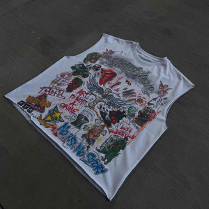 Custom Polyester Vintage Distressed Acid Wash DTG Printed <b>Oversized</b> Sportswear <b>Vest</b> Sleeveless T-Shirt Stand Collar Twill Street - Product Image 3
