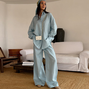 Women's Summer <b>Linen</b> Cotton Solid Color Loose Fit Button Up Shirt Wide Leg Pants Casual Two Piece Suit <b>Set</b> - Product Image 3