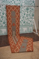 Handcrafted Handloom Geometric Kilim Floor Runner Rust Orange Charcoal Grey Trellis Lattice Arch Motif Wool Latex Eco Friendly