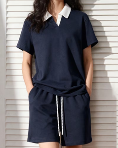 Summer Polo Collar Knee Button Pajama Set Breathable Loose-Fitting Casual Sporty Short Sleeve Shorts Two-Piece Women Solid Color - Product Image 4