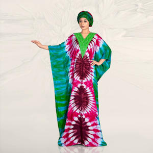 Caftán Farasha de Rayón con un Atrevido Estampado Abstracto, Escote en V Adornado, Corte Holgado y Fluido, y una Elegante Silueta Larga hasta el Suelo - Product Image 3