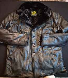 Veste en cuir pour homme, cuir de vache véritable, doublure en satin, col superposé en fausse fourrure, veste 2026 - Product Image 1