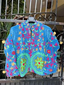 Premium Sky Blue <b>Velvet</b> Floral Embroidered <b>Jacket</b> Full Sleeve Stand Collar Handmade Bohemian <b>Women</b> Autumn Outerwear - Product Image 4
