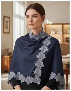 Women's Lightweight Breathable Merino <b>Wool</b> Silk Blend Long Winter Fashion Shawl 4-Side Rose Lace Work-Designer Collection - Product Image 6
