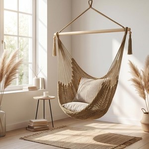 Handwoven Cotton <b>Rope</b> Hammock Chair with Tassel Boho Style Indoor Outdoor Hanging <b>Swing</b> Chair for Living Room Bedroom - Product Image 3