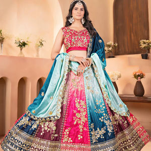 Lehenga Choli multicolore éclatant avec broderie argentée complexe, en tissu filet papillon, style traditionnel pour mariage, fête et Diwali - Product Image 1