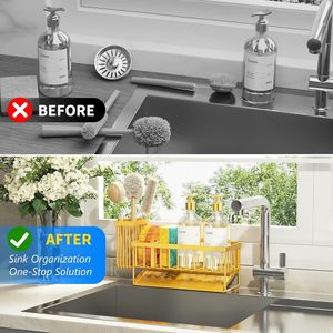 ที่วางแปรงล้างจานและฟองน้ำแบบตั้งโต๊ะ สแตนเลส 304 ป้องกันสนิม พร้อมที่จ่ายสบู่เหลว สีเหลือง สำหรับจัดเก็บในครัว - Product Image 2