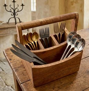 Panier porte-couverts multifonction en bois fait main avec poignée pliable, support à cuillères à 4 compartiments, organisateur de table de cuisine - Product Image 4