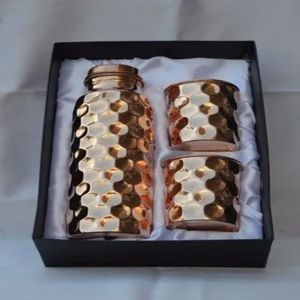 Hammered Copper Water Bottle Set Double Wall Leakproof <b>Drinkware</b> Gift Box for Travel Office Camping - Indian Home Crafts - Product Image 1
