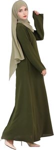 Abaya pour femme vert olive uni, manches longues, col rond, longueur ras du sol, robe modeste avec fentes et poches, pour usage quotidien - Product Image 4