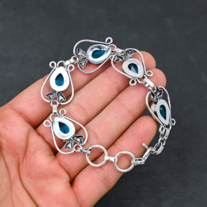 Collier en argent sterling de 18 pouces avec topaze bleue créée en laboratoire, forme poire, perle d'eau douce, bijoux de luxe, cadeau de mariage pour femme - Product Image 3